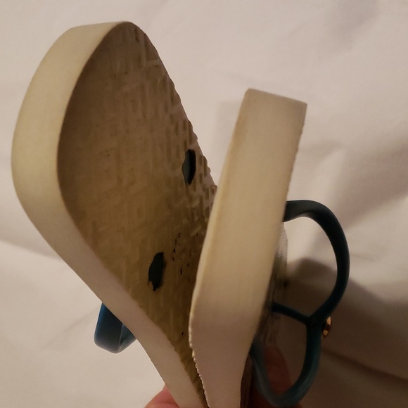 Tory Burch Flip Flops Turquoise Thong Turquoise/Green Floral Print Footbed Sz 7 - Picture 3 of 7